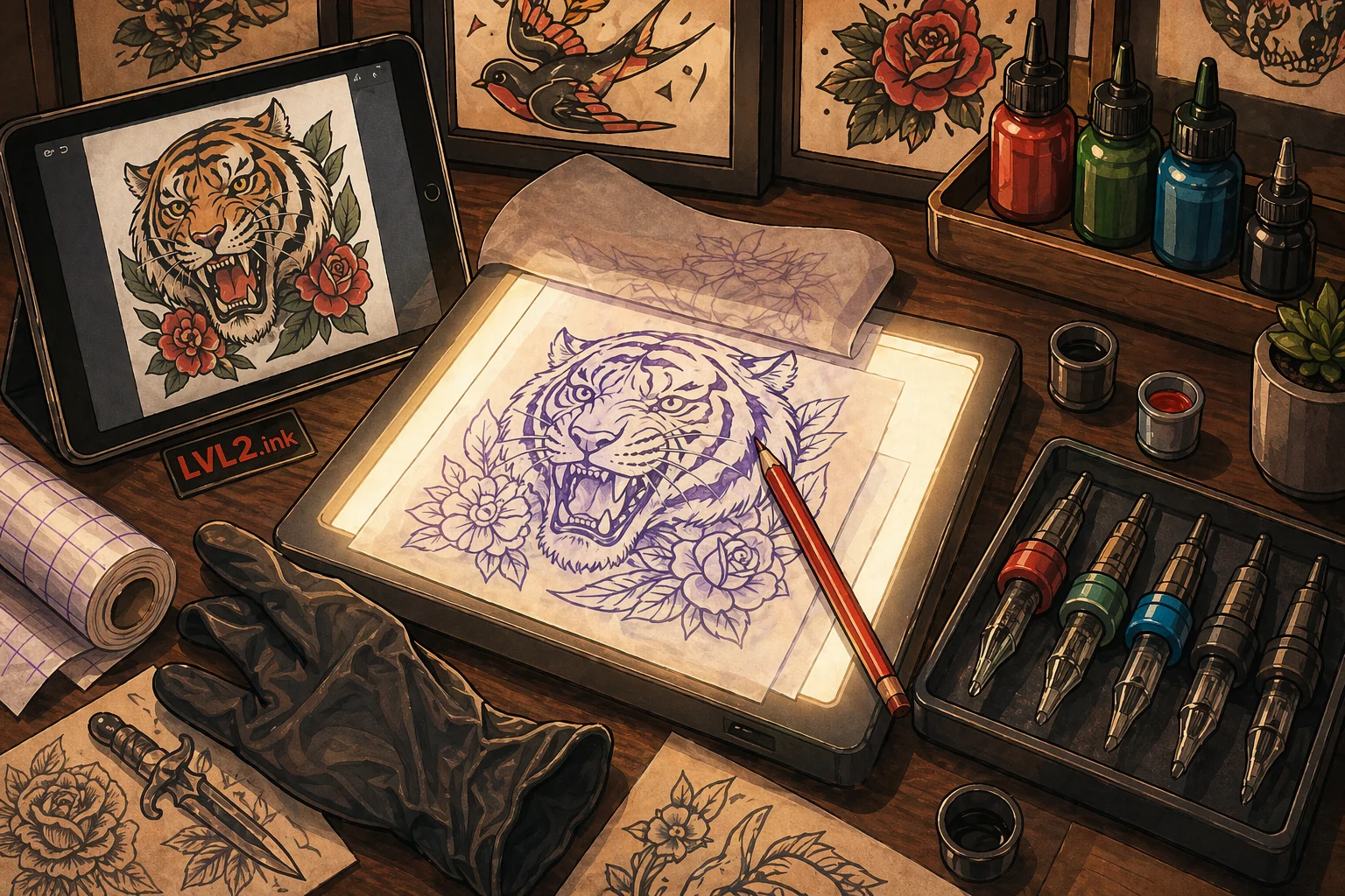 AI stencil tool workflow on a tattoo studio tabletop