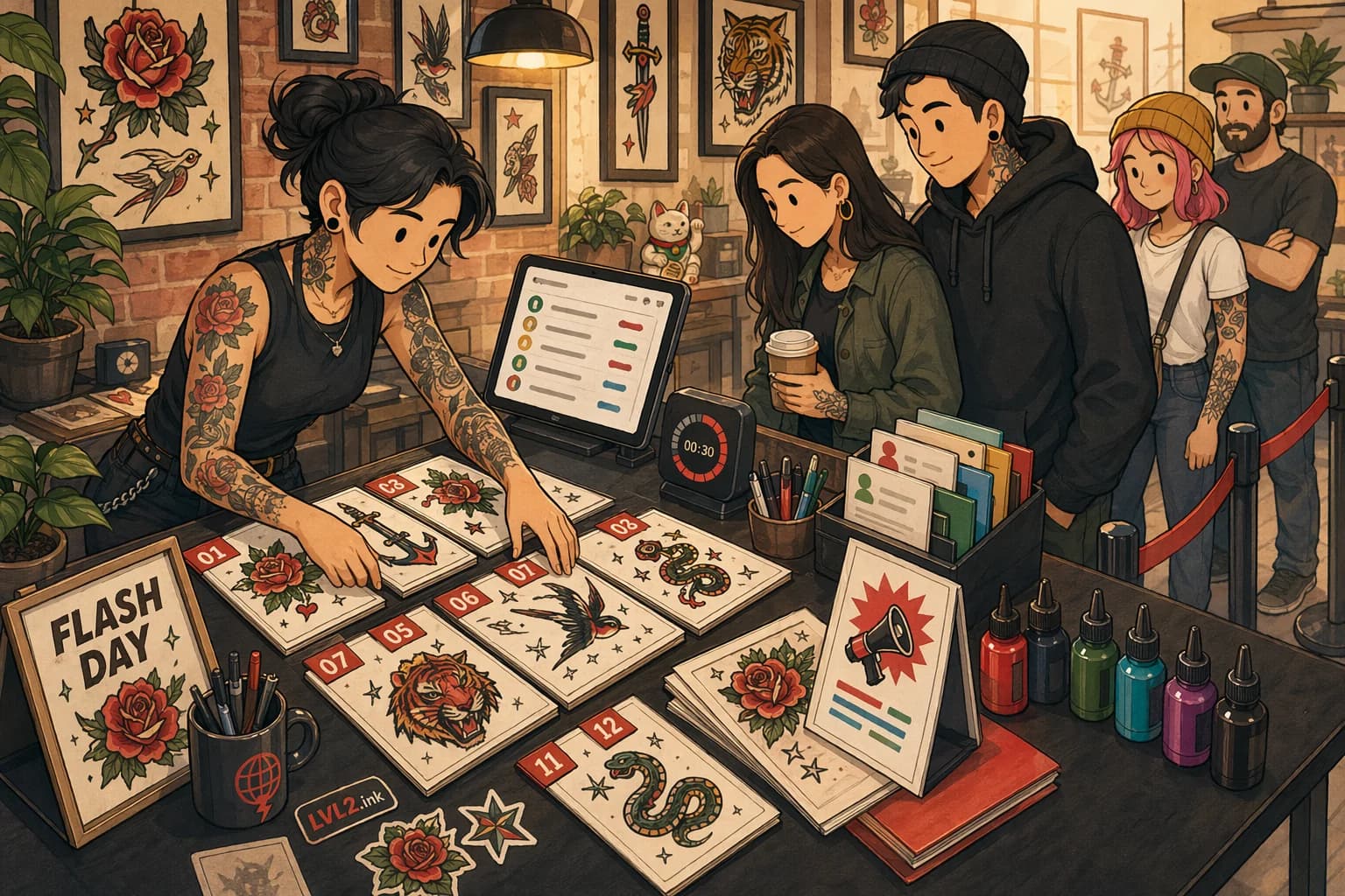 Generated LVL2-style illustration of a flash day launch table with clients and artwork