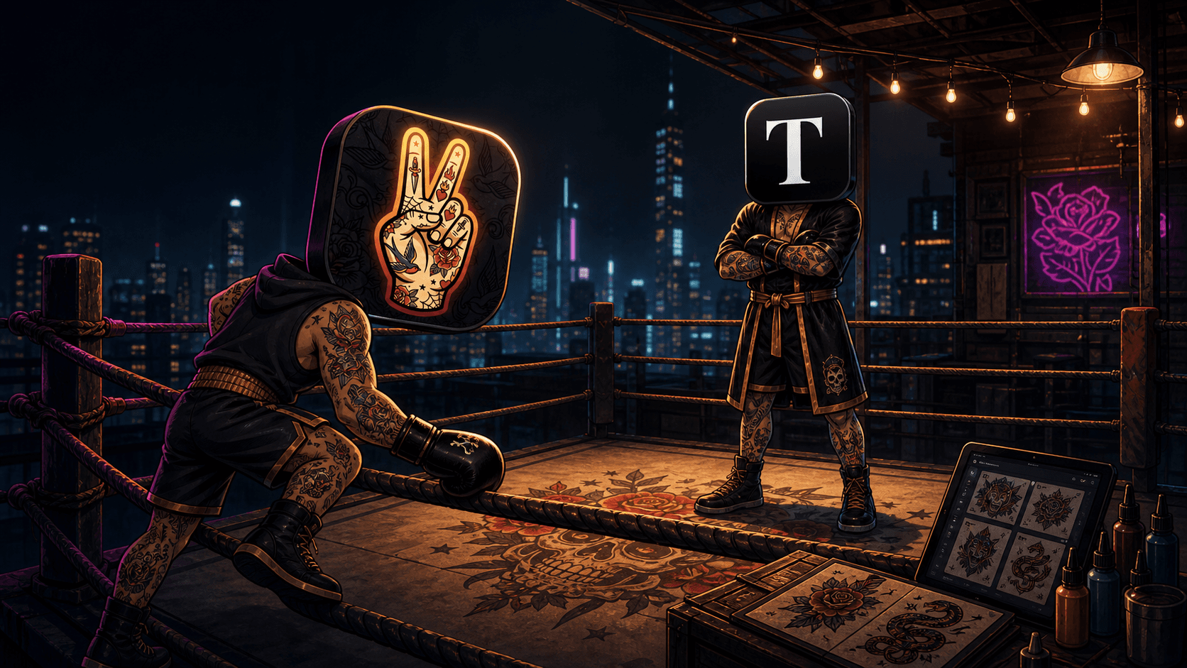 LVL2's tattoo-shop boxer facing Tattoodo's boxer in the ring