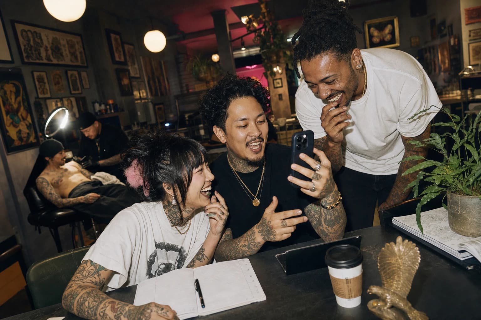 Tattoo artist reviewing a drafted reply on a phone between appointments